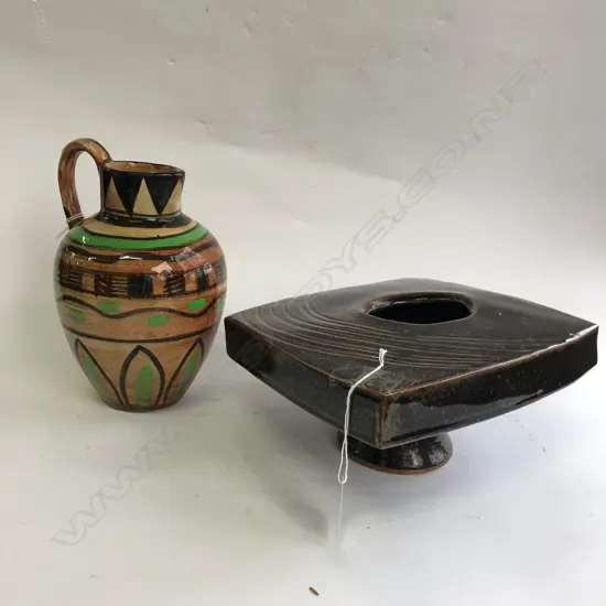 SIGNED STUDIO POTTERY SCULPTURE + SIGNED AFRICAN DECORATED JUG H. 220MM