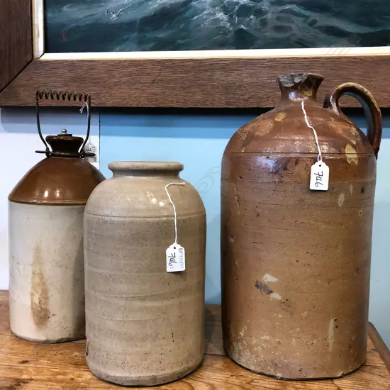 3 CROCKS; SHARPE BROS., TIMARU 2 CHIPPED H. 430MM 