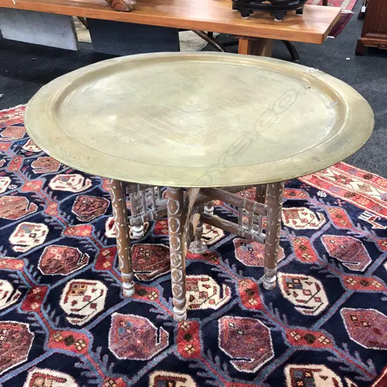 EGYPTIAN BRASS CIRCULAR COFFEE TABLE WOODEN LEGS 690MM DIA