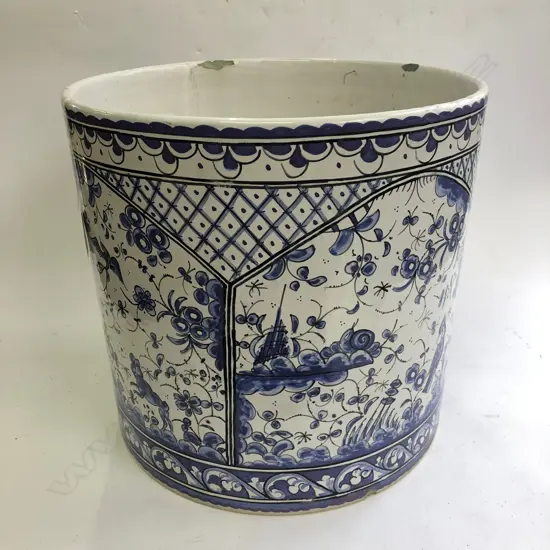 LARGE BLUE & WHITE PORTUGUESE HAND PAINTED JARDINIERE, CHIPS TO RIM, 300W, 290H