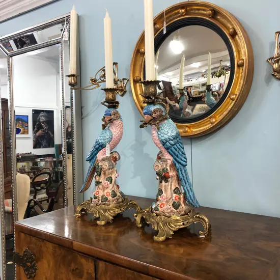 PR 20thC FRENCH ROCOCO ORMOLU & HANDPAINTED PORCELAIN PARROT CANDLESTICKS H. 360MM