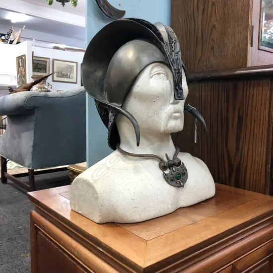 SANDSTONE(?) BUST WITH BRASS HELMET NECKLACE BY STEVE WHEELER