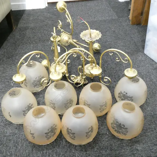 3 BRASS CEILING LIGHTS + 8 GLASS SHADES