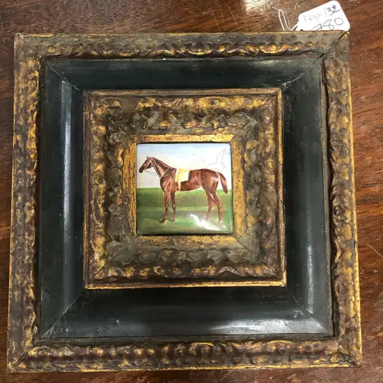 SMALL SQUARE ENAMEL ON COPPER PANEL OF A THROUGHBRED HORSE, IN DEEP CONCAVE FRAME