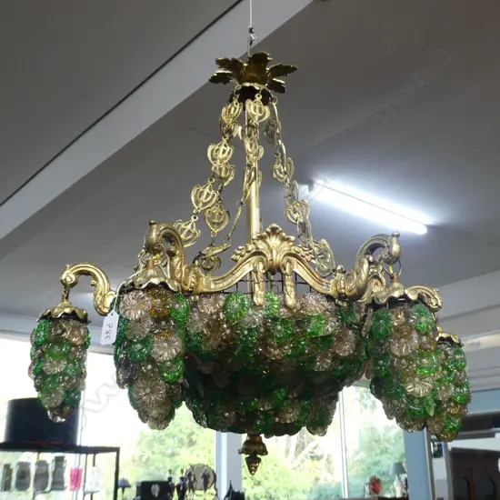 FRENCH EGYPTIAN ORMOLU 6 ARMS GLASS COLOURED CHANDELIER H.680MM