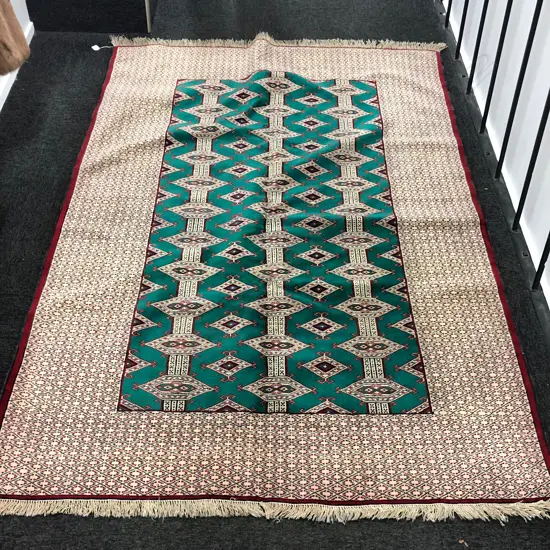 #288G TORKAMAN HAND KNOTTED ALL WOOL GREEN KELIM STYLE RUG 1940 X 1430MM