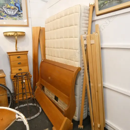 RIMU ROSE & HEATHER STYLE SLEIGH BED SOME WEAR W 1640MM WITH SEALY MATTRESS SOME MARKS TO MATTRESS