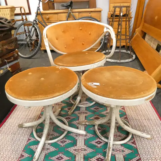 VINTAGE FRENCH BENTWOOD UPHOLSTERED CHAIR & 2 STOOLS