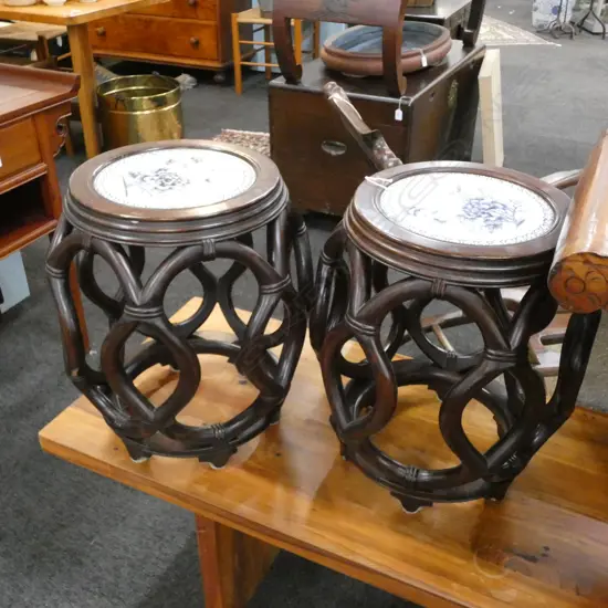 PR OF SINGAPOREAN SIDE TABLES WITH INSET PORCELAIN TILES D 310 MM