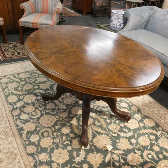 BURR WALNUT PEDESTAL BASED LOO TABLE H. 740MM L. 1350MM