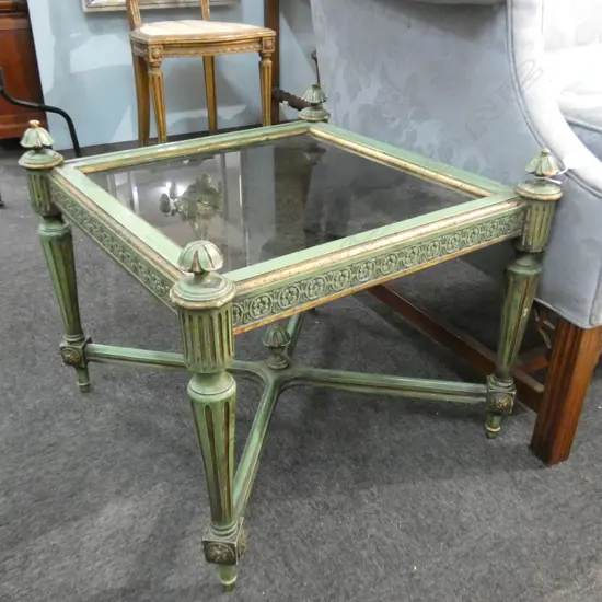 FRENCH STYLE GREEN & GILT GLASS TOPPED SIDE TABLE H. 480MM LIGHT SCUFFS