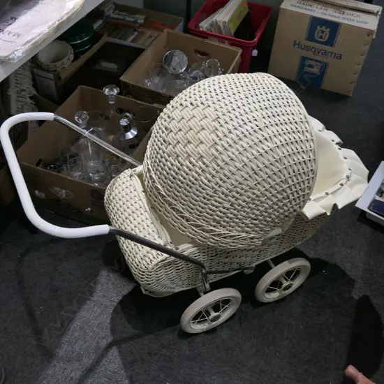 VINTAGE WICKER PRAM WITH STEEL HANDLES
