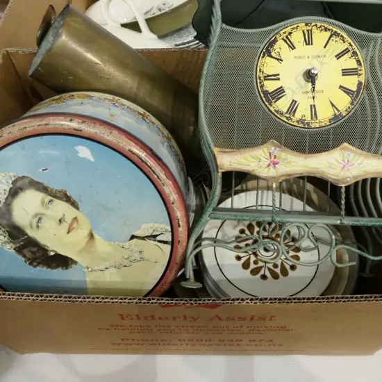 BOX LOT ASST CROWN LYNN DINNERWARE, TIN, CLOCK, BULLET