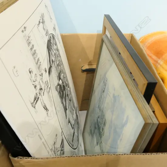 BOX LOT ASST. W/CS, FRAMED VINTAGE NEWSPAPERS ETC