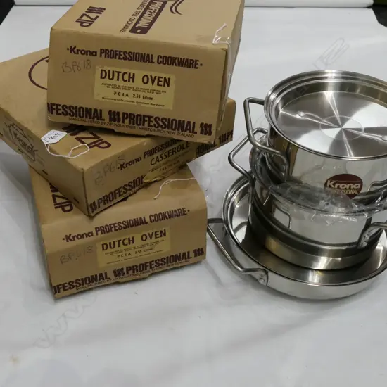 BOX LOT 3 PCES KRONA PROFESSIONAL COOKWARE; 2 DUTCH OVENS & CASSEROLE