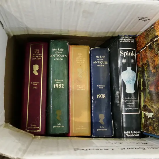 BOX BOOKS, 5 ANTIQUE REFERENCE, 2 OTHERS