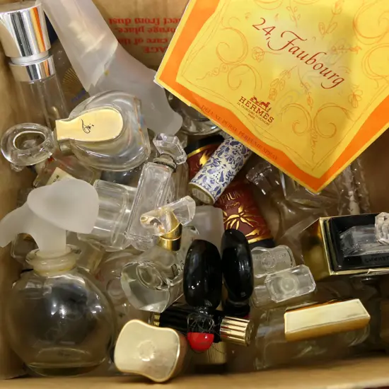 BOX LOT ASST. PERFUME BOTTLES; CHANEL ETC