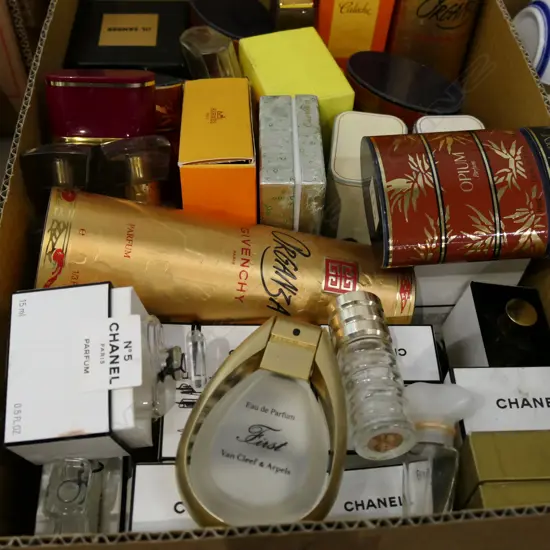 BOX LOT ASST. PERFUME BOTTLES; CHANEL, YSL, HERMES ETC