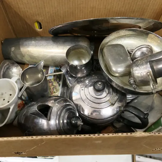 BOX OF SILVER PLATE INCL. CHRISTOFLE TROPHY TRAY