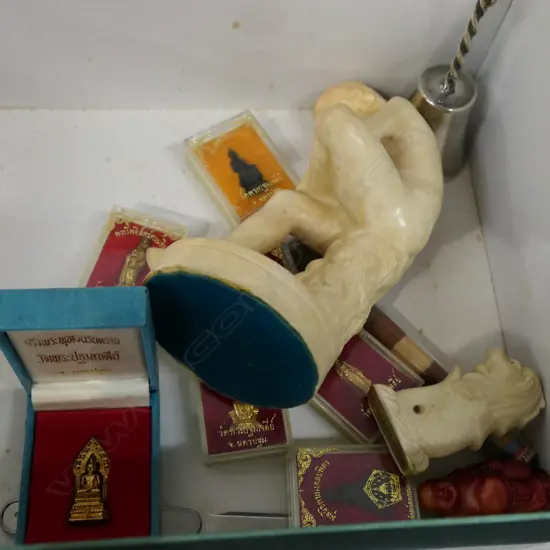 7 MINI THAI BUDDHA'S + 3 STATUES + SAND VIAL + KNIFE + BELL