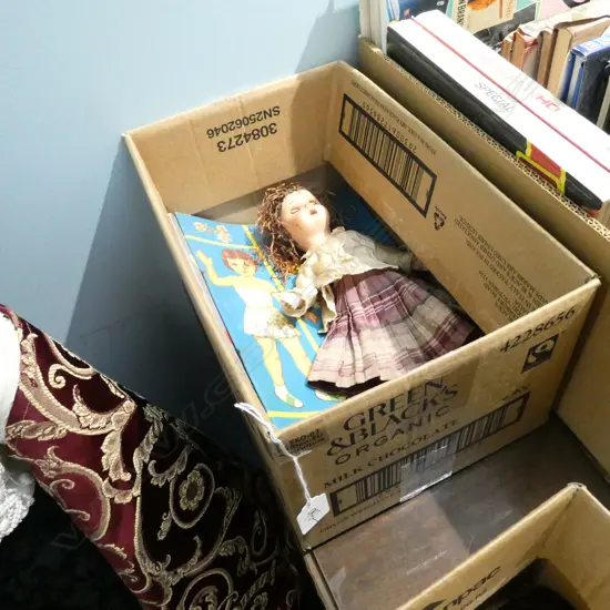 BOX LOT EARLY 20thC FRENCH DOLL & BOOKS
