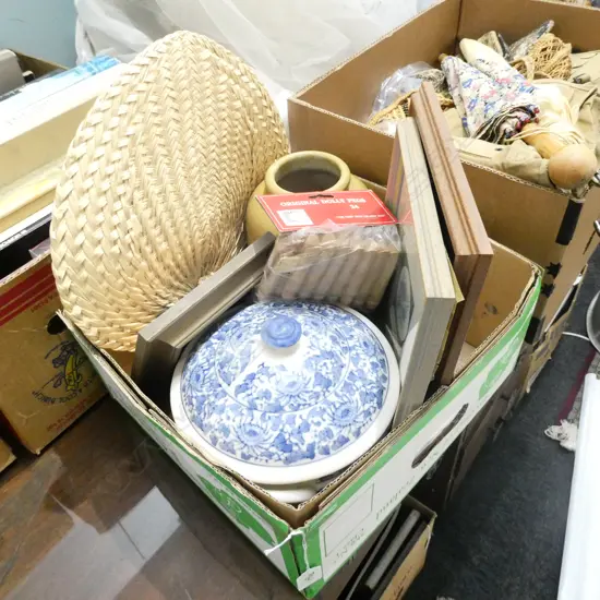 BOX LOT FRAMED NEEDLEWORKS, B/W TUREEN, CROCK