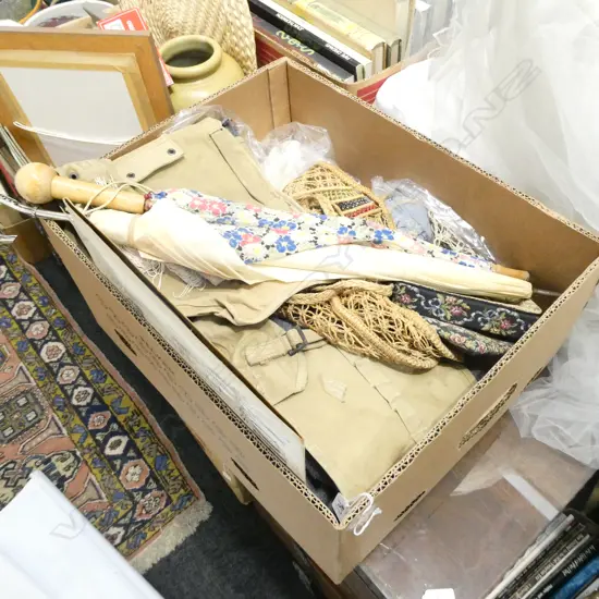 BOX LOT ARMY WEAR & 2 PARASOLES & AN LP