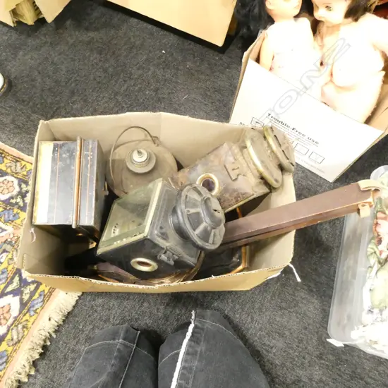 BOX LOT LANTERNS, BELLOWS ETC