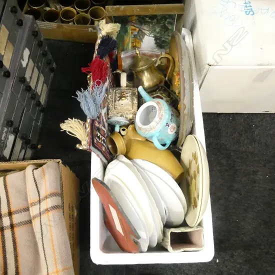 BOX LOT ASST. CERAMICS, SADDLE BAG, COLLECTABLE PLATES ETC