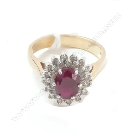 9CT CREATED RUBY STONE & DIAMOND RING 4.4 GRAMS
