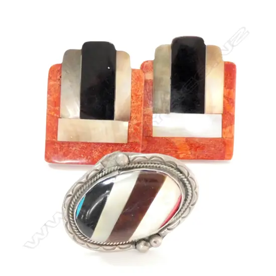 SILVER? AND BANDED MOP RING + PR MOP INLAY CLIP ON EARRINGS