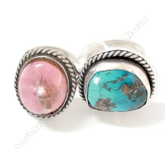 2 SILVER? RINGS; TURQUOISE & PINK STONE