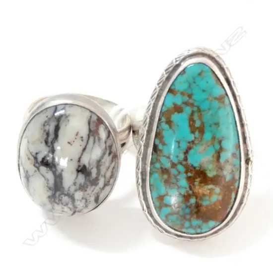 2 SILVER? RINGS; TURQUOISE & STG AGATE