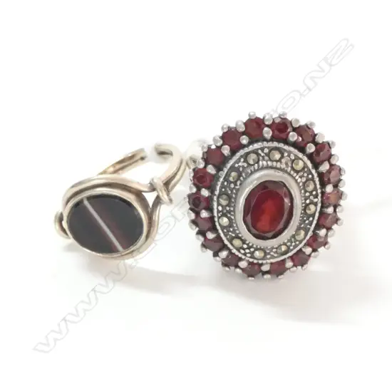 2 RINGS; SILVER & MARCASITE + BANDED AGATE PINKIE 