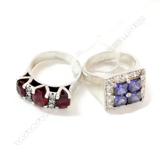 2 SILVER CZ RINGS; GARNET & BLUE STONE 