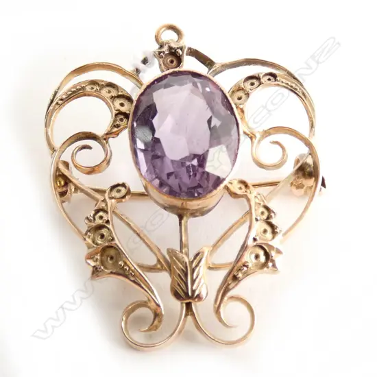 EDWARDIAN 9CT GOLD & AMETHYST PENDANT/BROOCH (ALL SEED PEARLS MISSING)