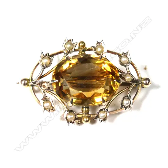 9ct CITRINE? & SEED PEARL BROOCH