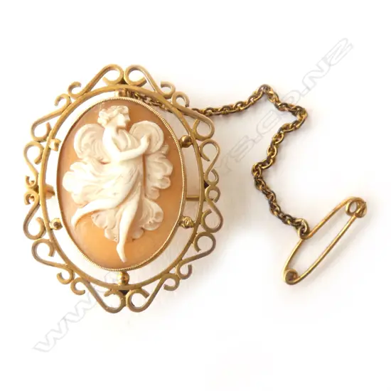 9CT GOLD ANTIQUE ANGEL CAMEO BROOCH (VALUED AT $1950)