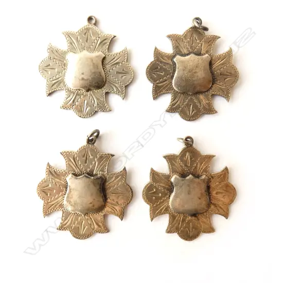 4 VINTAGE SILVER SHIELD FOB SCONCES
