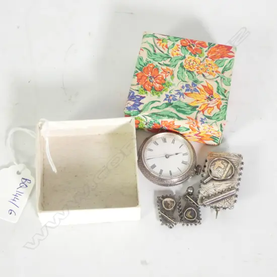 AESTHETIC MOVEMENT SILVER BROOCH + PR MATCHING CHARMS & STG SILVER POCKETWATCH B'HAM 1885
