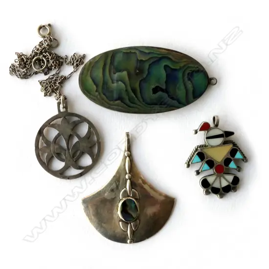 4 SILVER PENDANTS; 1 WITH CHAIN
