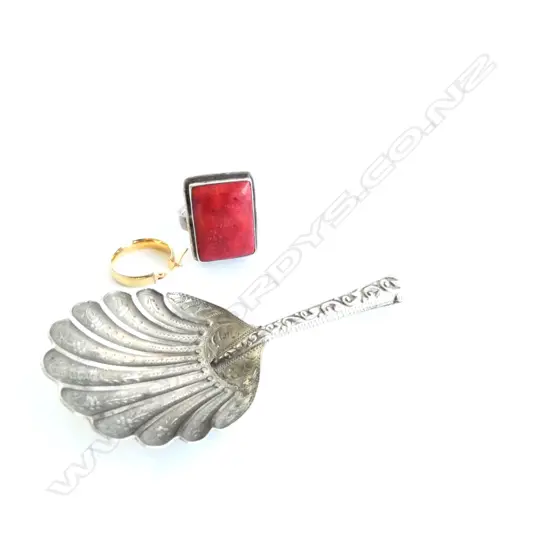 925 RED CORAL? RING, STG SILVER MOP SPOON, 10K GOLD EARRING 0.5GRAMS