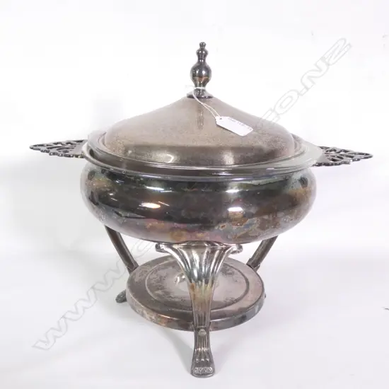 SILVER PLATE FOOD WARMER DISH, GLASS INSERT, W. 370MM