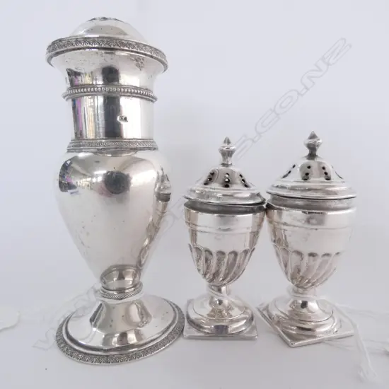 AUSTRIAN SILVER (?) SIFTER & PR. STG SILVER PEPPER POTS