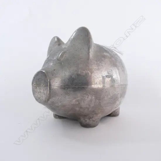 SMALL, HEAVY STAINLESS STEEL PIGGY BANK, WITH COINS