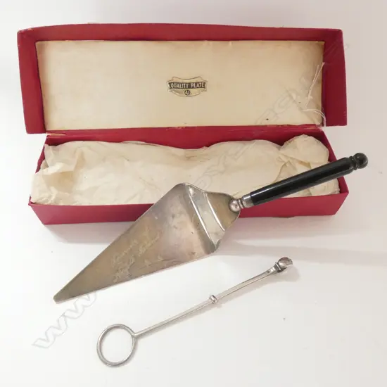 SILVER PLATE CAKE SLICE, BOXED & SUGAR TONGS 