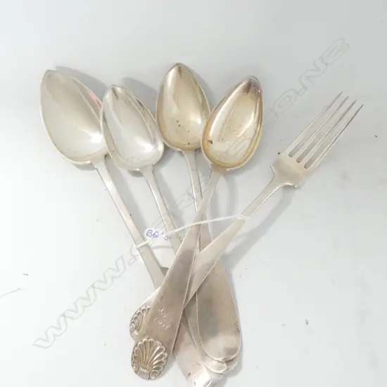 EUROPEAN SILVER SPOONS (4) & 1 FORK, 297GMS