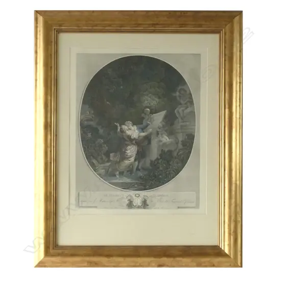 GILT FRAMED PRINT WITH GLASS, FRAGONARD, "LE SERMENT D'AMOUR" 