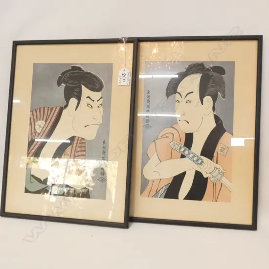 PAIR GLASS, FRAMED ORIENTAL CARICATURE PAINTINGS  W. 280 X 180MM & INK DRAWING W. 365 X 245MM
