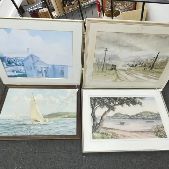 4 ARTWORKS; ADRIAN CAVE 'RAIN' WC, JOCELYN BERTRAND 'COROMANDEL HARBOUR' WC + YACHT & SIDDELL PRINT